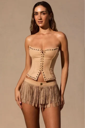 Mini-short taille basse à franges Meliora, couleur beige