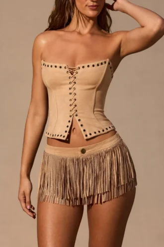 Mini-short taille basse à franges Meliora, couleur beige