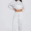 Pantalon de jogging ample à taille mi-haute en jersey de coton brossé, gris chiné Pantalon de jogging ample à taille mi-haute en jersey de coton brossé, gris chiné