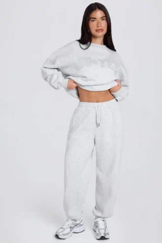 Pantalon de jogging ample à taille mi-haute en jersey de coton brossé, gris chiné