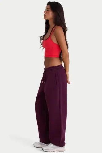 Pantalon de jogging ample taille moyenne en jersey de coton brossé, couleur bordeaux