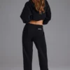 Pantalon de jogging décontracté en jersey de coton doux à taille mi-haute, noir Pantalon de jogging décontracté en jersey de coton doux à taille mi-haute, noir