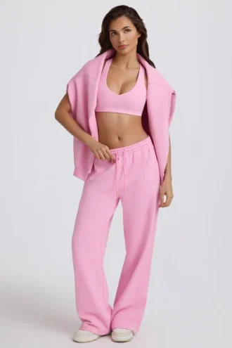 Pantalon de jogging en jersey de coton doux, taille mi-haute et jambes larges, couleur rose pâle