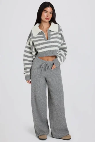 Pantalon de jogging en maille à taille mi-haute et jambes larges, gris