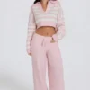 Pantalon de jogging en maille à taille mi-haute et jambes larges, rose pâle Pantalon de jogging en maille à taille mi-haute et jambes larges, rose pâle