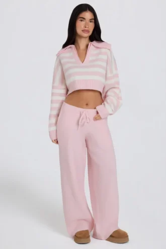 Pantalon de jogging en maille à taille mi-haute et jambes larges, rose pâle