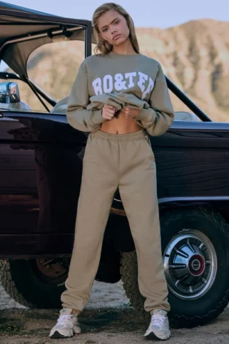 Pantalon de jogging en molleton de coton à taille mi-haute, vert kaki