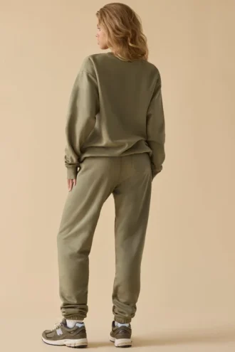 Pantalon de jogging en molleton de coton à taille mi-haute, vert kaki