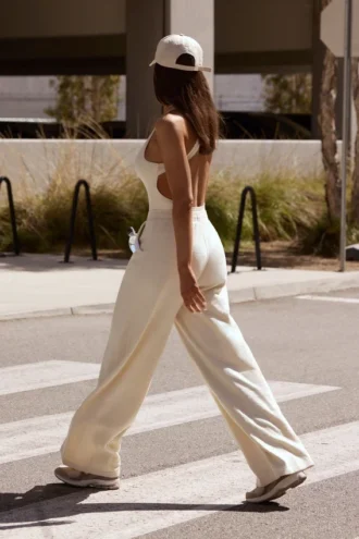 Pantalon de jogging en tissu éponge à jambes larges, couleur crème