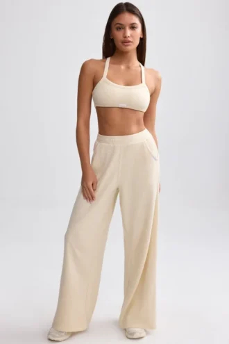 Pantalon de jogging en tissu éponge à jambes larges, couleur crème