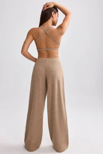 Pantalon de jogging en tissu éponge à jambes larges, couleur marron moka