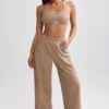 Pantalon de jogging en tissu éponge à jambes larges, couleur marron moka Pantalon de jogging en tissu éponge à jambes larges, couleur marron moka