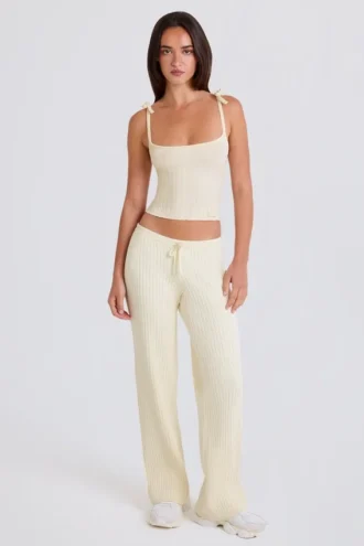 Pantalon de jogging à jambes larges en maille côtelée, couleur crème
