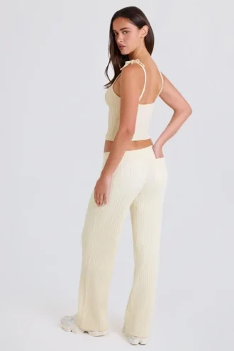 Pantalon de jogging à jambes larges en maille côtelée, couleur crème