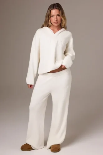 Pantalon de jogging à jambes larges en maille côtelée, couleur ivoire