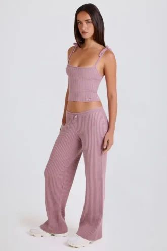 Pantalon de jogging à jambes larges en maille côtelée, couleur mauve