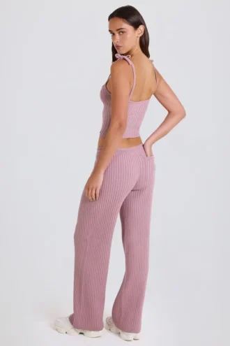 Pantalon de jogging à jambes larges en maille côtelée, couleur mauve