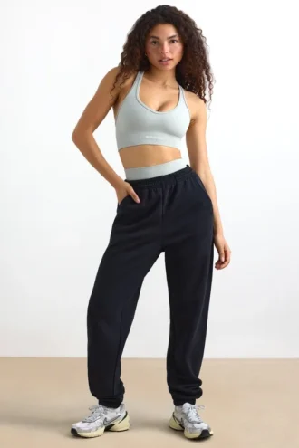 Pantalon de jogging taille moyenne en molleton de coton noir