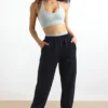 Pantalon de jogging taille moyenne en molleton de coton noir