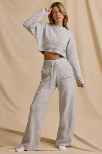Pantalon de jogging taille moyenne à jambes larges en maille côtelée, couleur marbré glacé