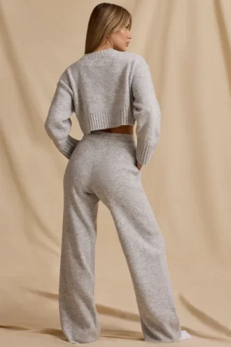 Pantalon de jogging taille moyenne à jambes larges en maille côtelée, couleur marbré glacé