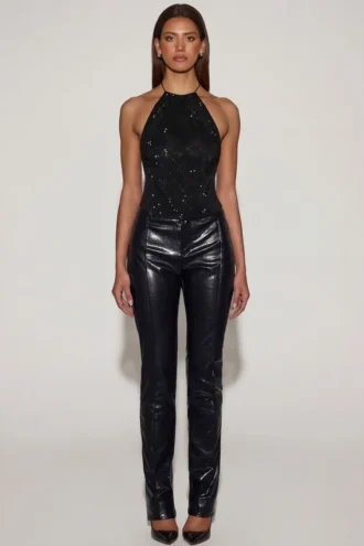 Pantalon droit Nemyra en simili cuir croco, noir