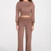 Pantalon droit taille basse Thea en modal, couleur moka