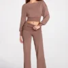 Pantalon droit taille basse Thea en modal, couleur moka