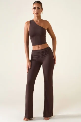 Pantalon droit taille mi-haute Hollis, couleur marron chocolat
