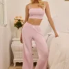 Pantalon droit taille moyenne Libby Pointelle en rose pâle Pantalon droit taille moyenne Libby Pointelle en rose pâle