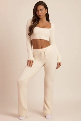 Pantalon large en maille moelleuse Safia, couleur ivoire