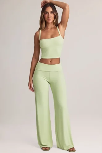 Pantalon large à revers en modal Melida, vert sauge