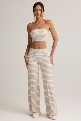Pantalon large à revers Melida en modal, rayures roses et jaunes