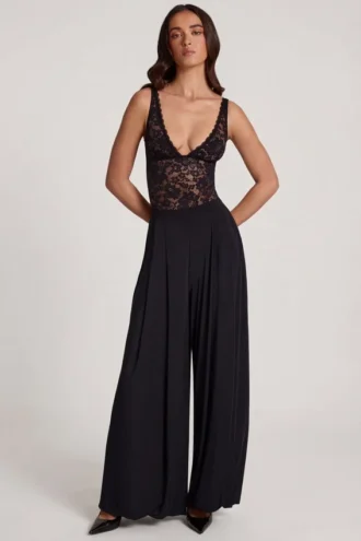 Pantalon large taille moyenne en jersey doux Zafira, noir