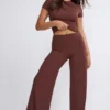 Pantalon large taille moyenne Nour Tall, couleur chocolat