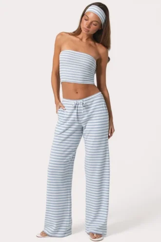 Pantalon taille basse en jersey côtelé à rayures bleues