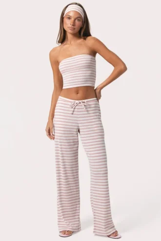 Pantalon taille basse en jersey côtelé à rayures roses