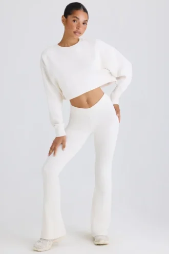Pantalon évasé en jersey de coton texturé, blanc