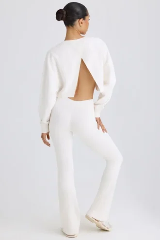 Pantalon évasé en jersey de coton texturé, blanc