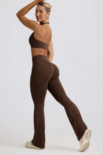Pantalon évasé froncé en jersey brossé, couleur Pecan marbré