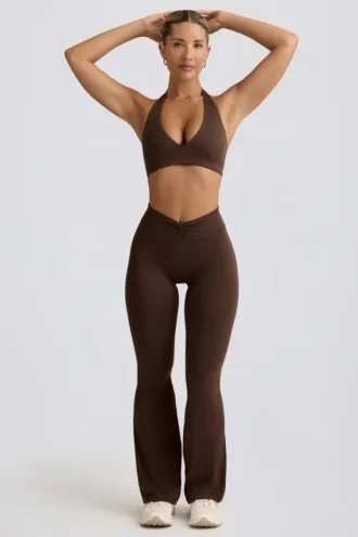 Pantalon évasé froncé en jersey brossé, couleur Pecan marbré