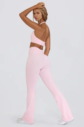 Pantalon évasé froncé en jersey brossé, rose pâle chiné