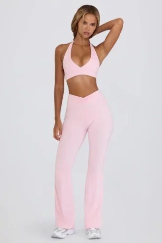 Pantalon évasé froncé en jersey brossé, rose pâle chiné