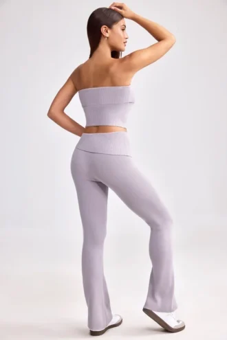 Pantalon évasé à revers en maille épaisse, couleur lavande poudrée