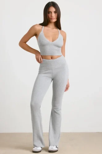 Pantalon évasé à revers en maille épaisse, gris chiné