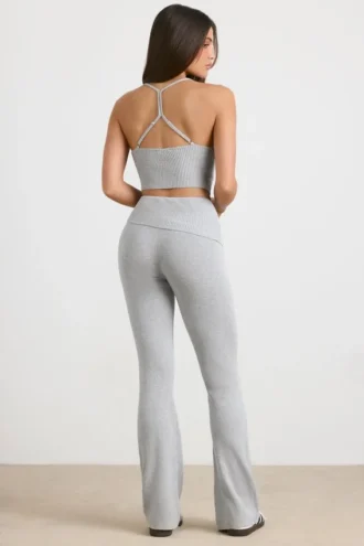 Pantalon évasé à revers en maille épaisse, gris chiné