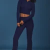 Pantalon évasé à revers en maille torsadée bleu marine