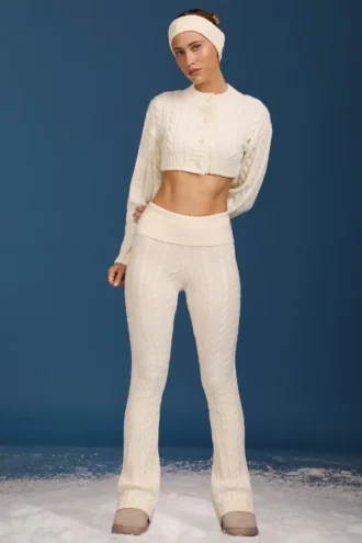 Pantalon évasé à revers en maille torsadée, couleur crème