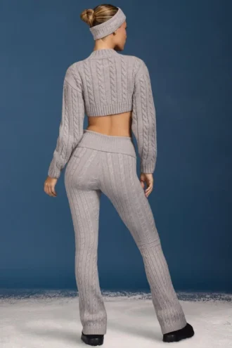 Pantalon évasé à revers en maille torsadée, gris chiné