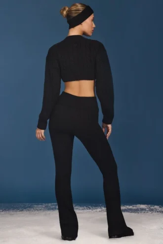 Pantalon évasé à revers en maille torsadée, noir